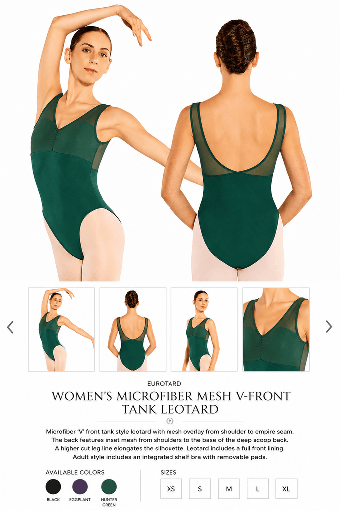 Eurotard Women's Mesh Overlay V-Front Tank Leotard Eurotard