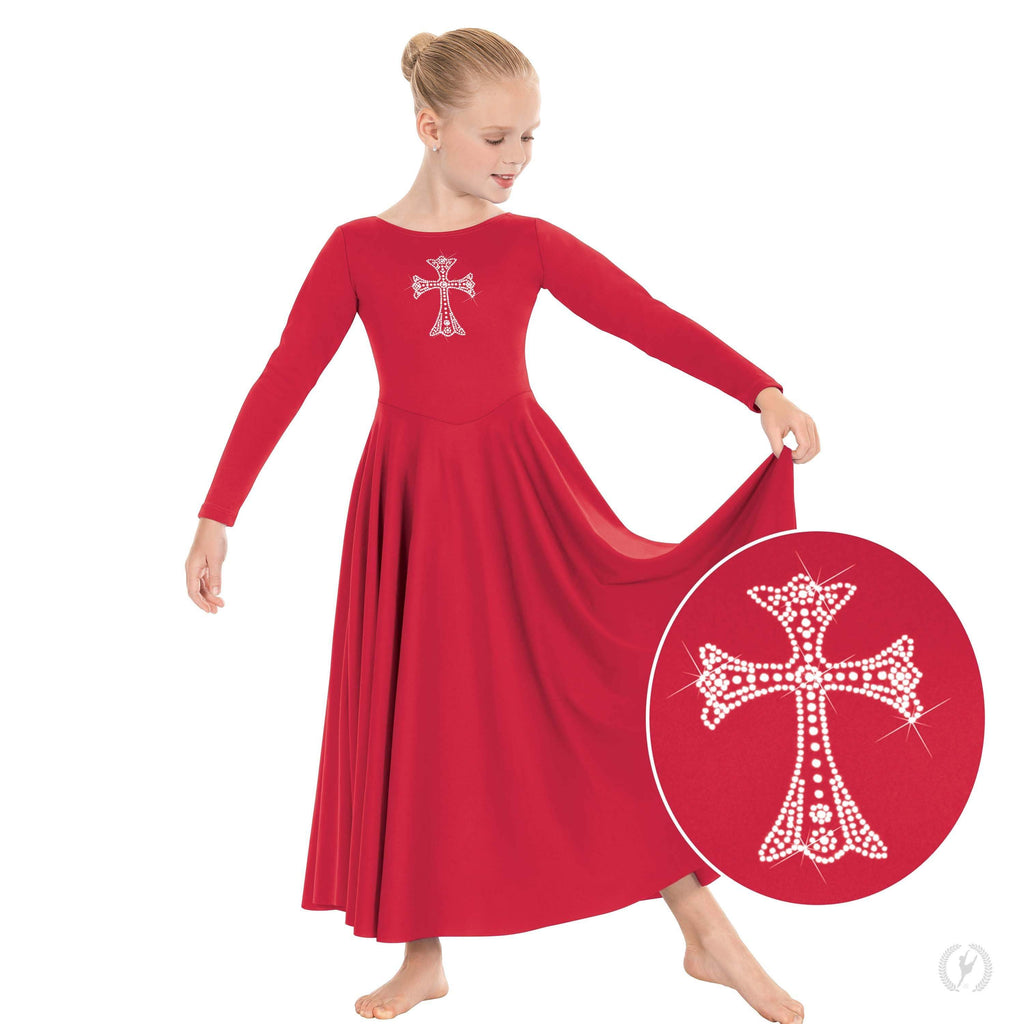 Eurotard Girls Long Sleeve Praise Dress with Rhinestone Royal Cross